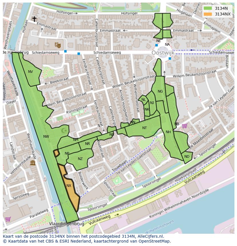 Afbeelding van het postcodegebied 3134 NX op de kaart.