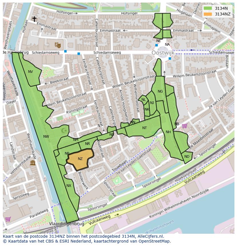 Afbeelding van het postcodegebied 3134 NZ op de kaart.