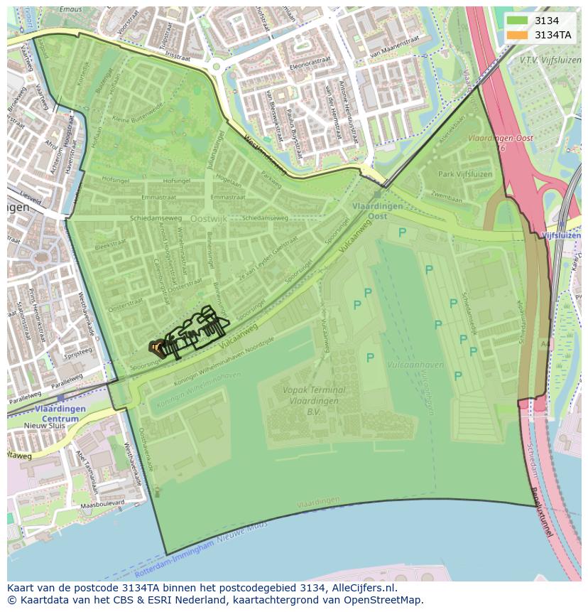 Afbeelding van het postcodegebied 3134 TA op de kaart.