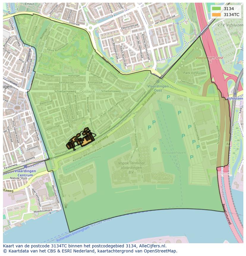 Afbeelding van het postcodegebied 3134 TC op de kaart.