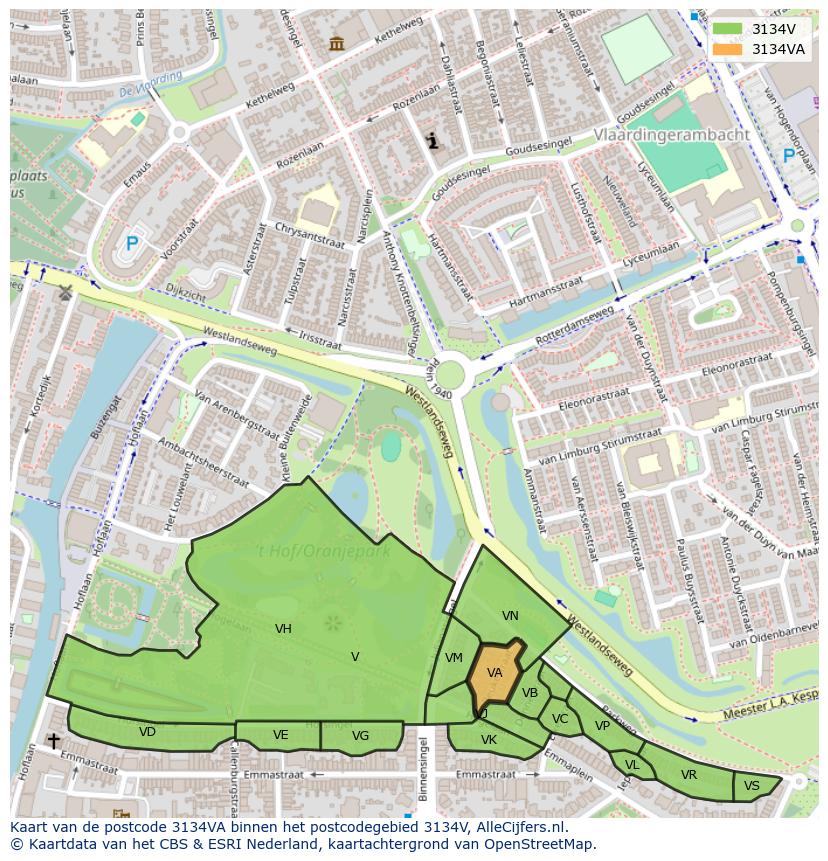 Afbeelding van het postcodegebied 3134 VA op de kaart.