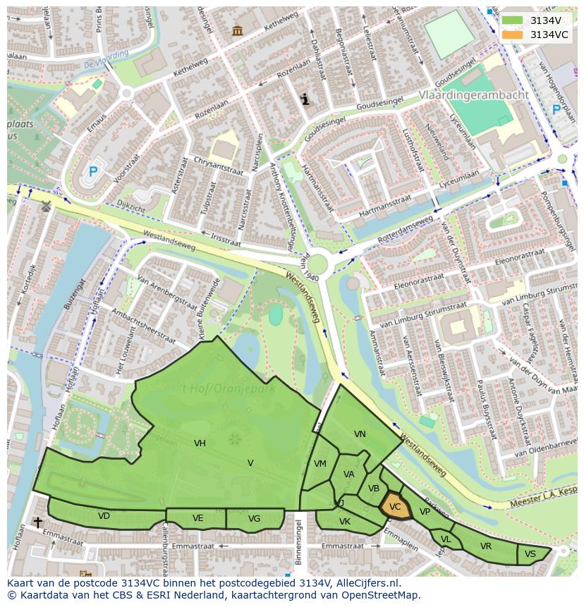 Afbeelding van het postcodegebied 3134 VC op de kaart.