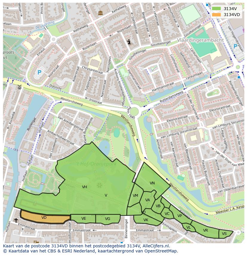 Afbeelding van het postcodegebied 3134 VD op de kaart.
