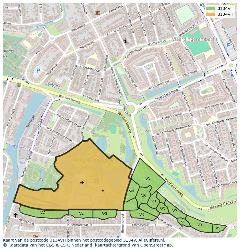 Afbeelding van het postcodegebied 3134 VH op de kaart.