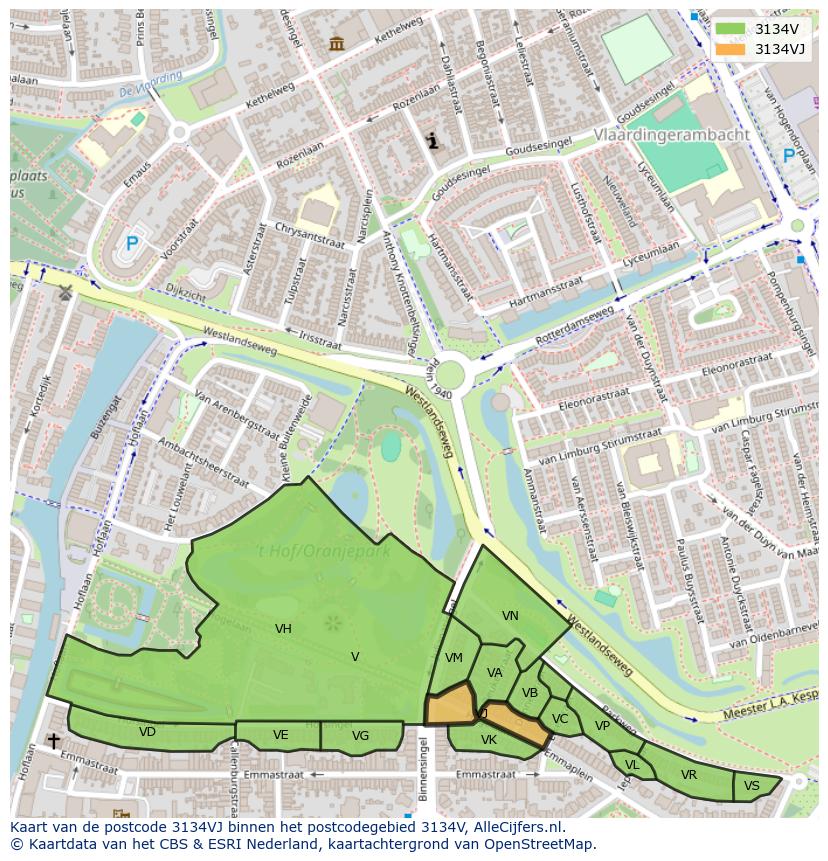 Afbeelding van het postcodegebied 3134 VJ op de kaart.
