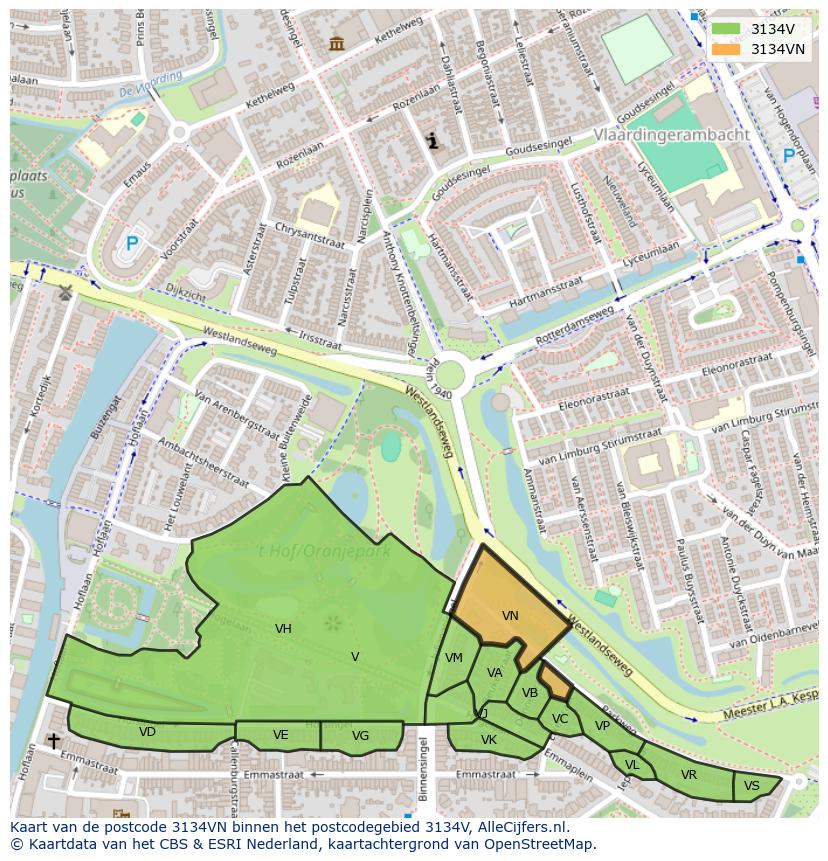 Afbeelding van het postcodegebied 3134 VN op de kaart.