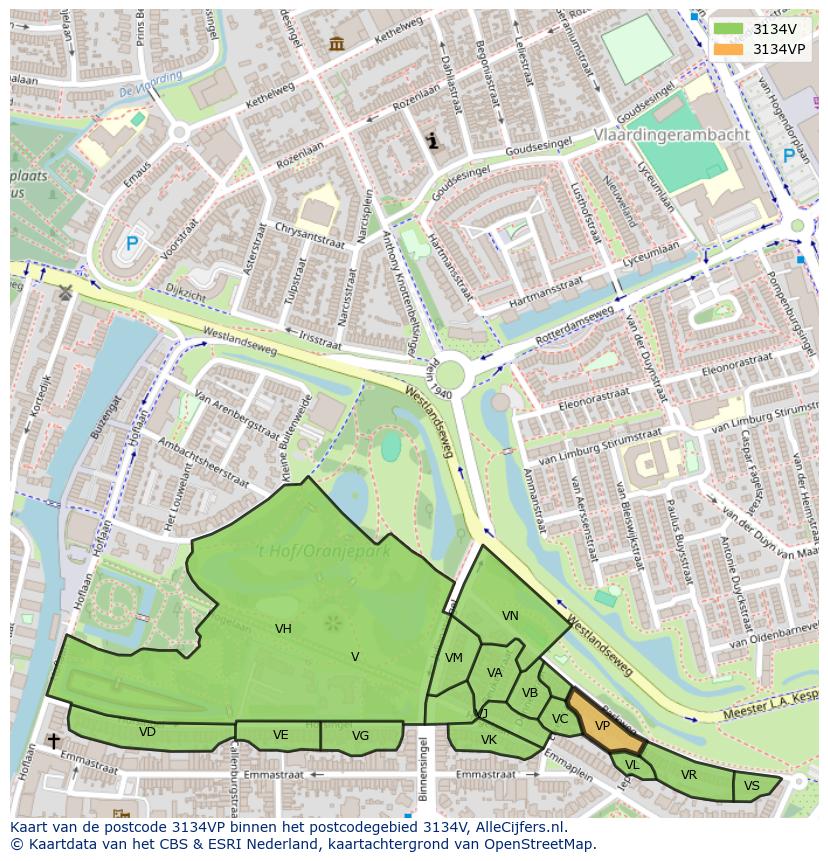 Afbeelding van het postcodegebied 3134 VP op de kaart.