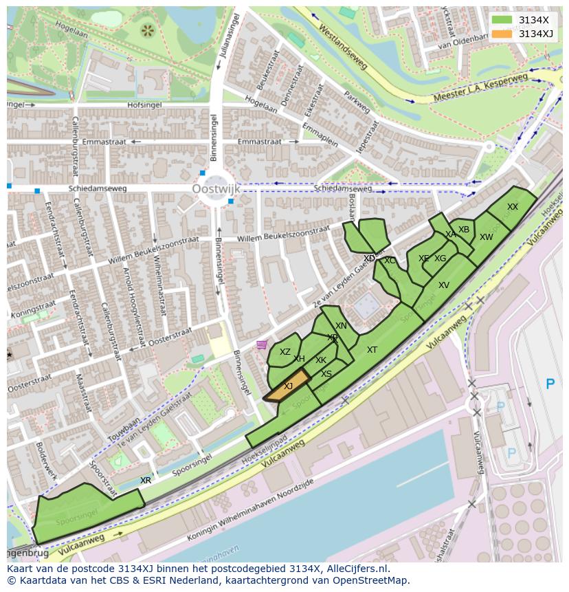 Afbeelding van het postcodegebied 3134 XJ op de kaart.