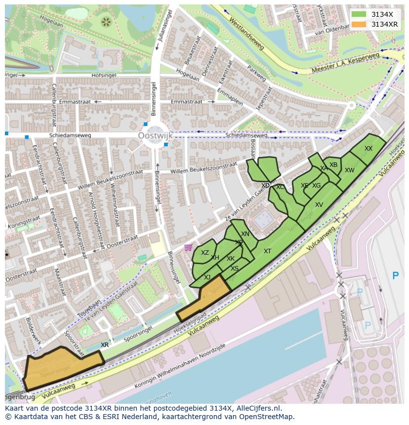 Afbeelding van het postcodegebied 3134 XR op de kaart.