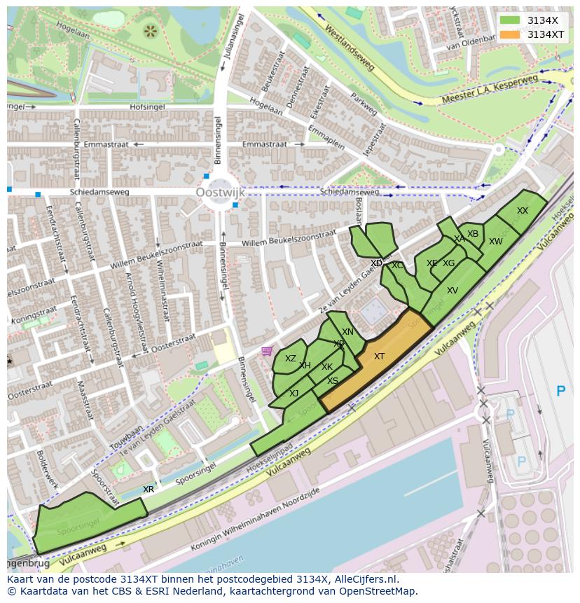 Afbeelding van het postcodegebied 3134 XT op de kaart.
