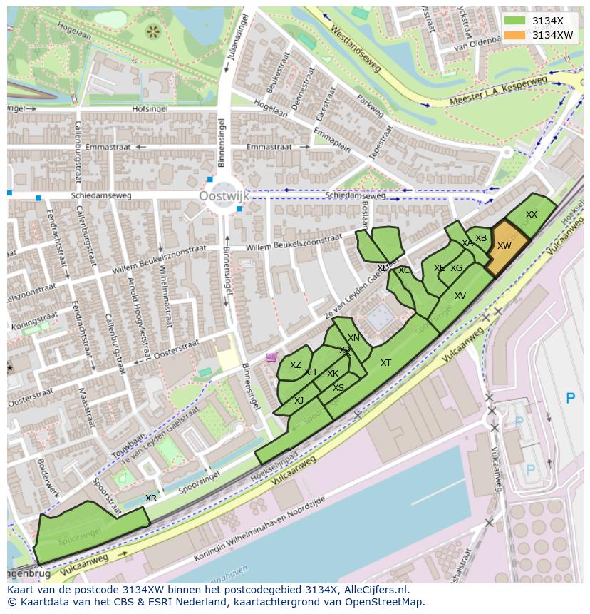 Afbeelding van het postcodegebied 3134 XW op de kaart.