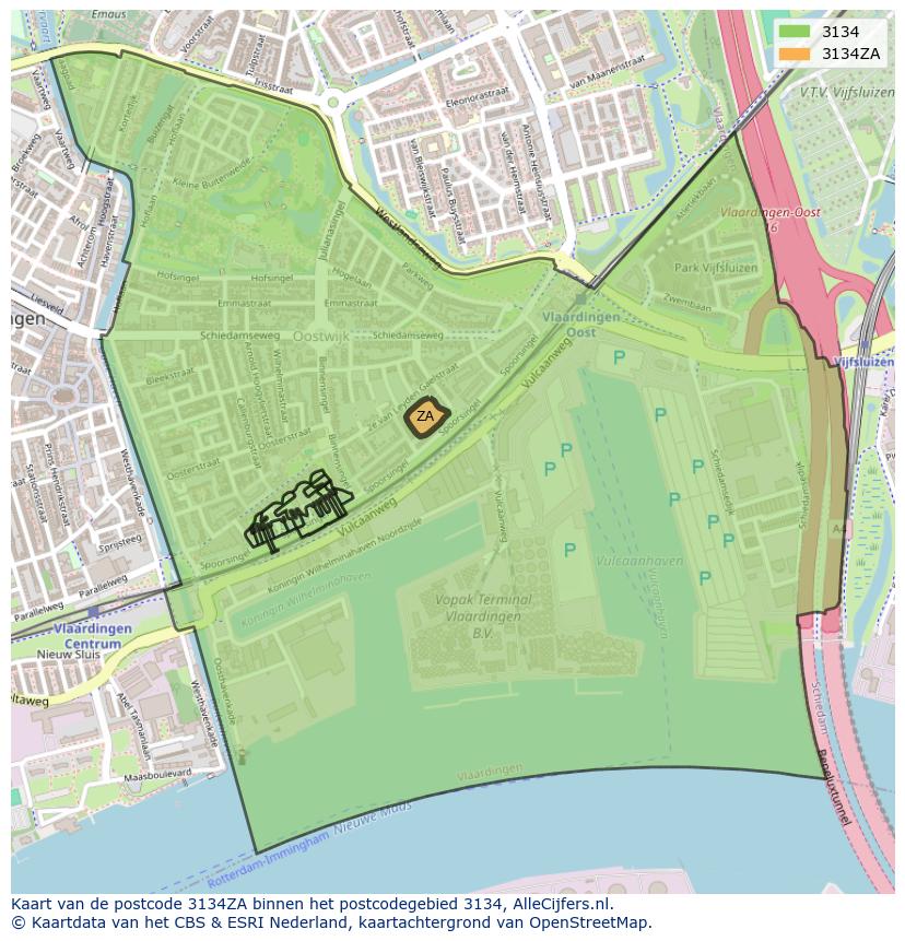 Afbeelding van het postcodegebied 3134 ZA op de kaart.