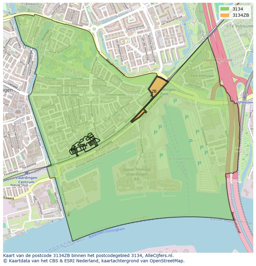 Afbeelding van het postcodegebied 3134 ZB op de kaart.