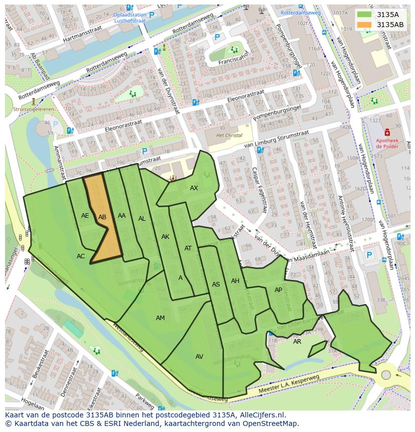 Afbeelding van het postcodegebied 3135 AB op de kaart.