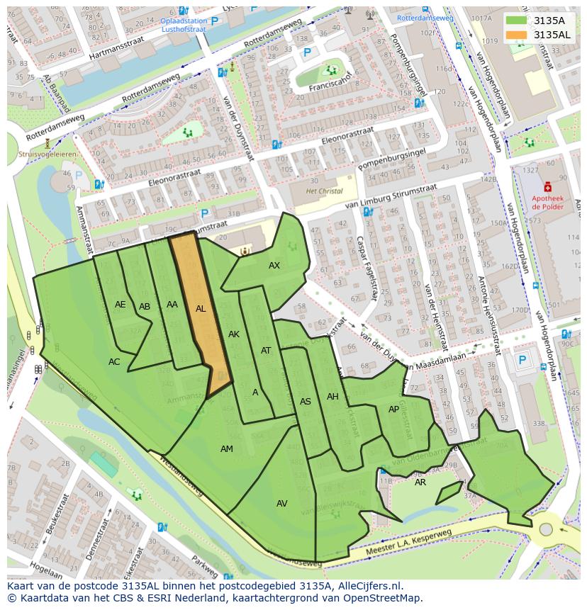 Afbeelding van het postcodegebied 3135 AL op de kaart.