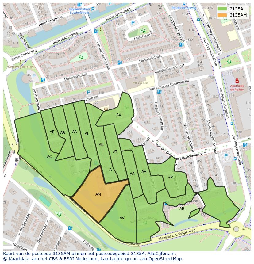 Afbeelding van het postcodegebied 3135 AM op de kaart.