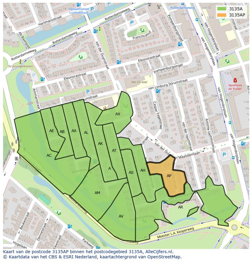 Afbeelding van het postcodegebied 3135 AP op de kaart.