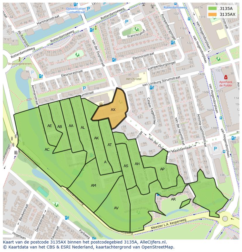 Afbeelding van het postcodegebied 3135 AX op de kaart.