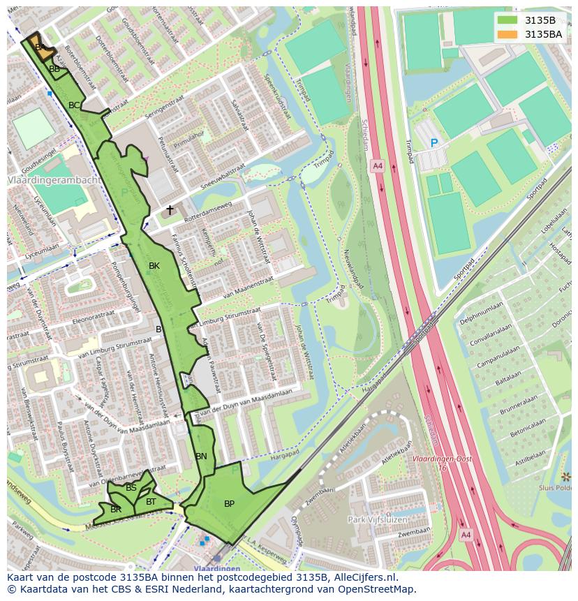 Afbeelding van het postcodegebied 3135 BA op de kaart.