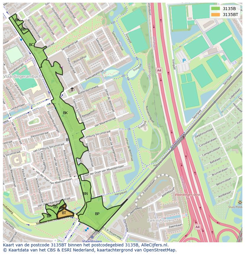 Afbeelding van het postcodegebied 3135 BT op de kaart.