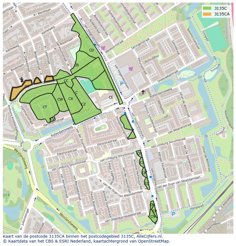 Afbeelding van het postcodegebied 3135 CA op de kaart.