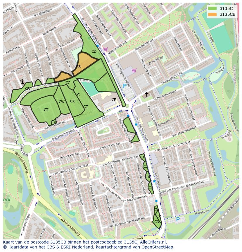 Afbeelding van het postcodegebied 3135 CB op de kaart.