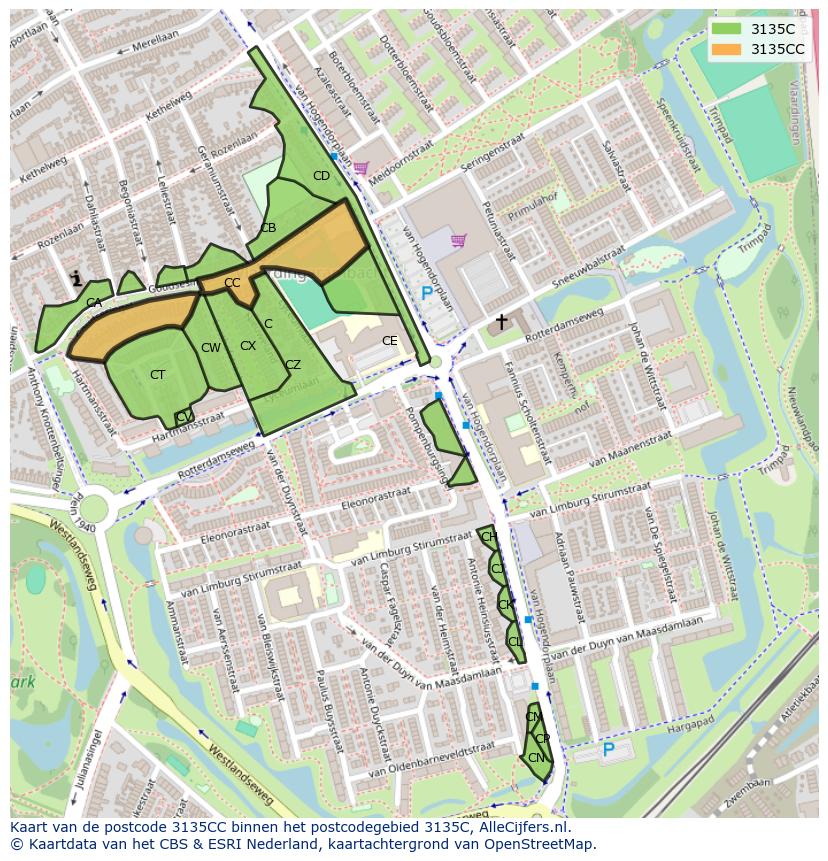 Afbeelding van het postcodegebied 3135 CC op de kaart.
