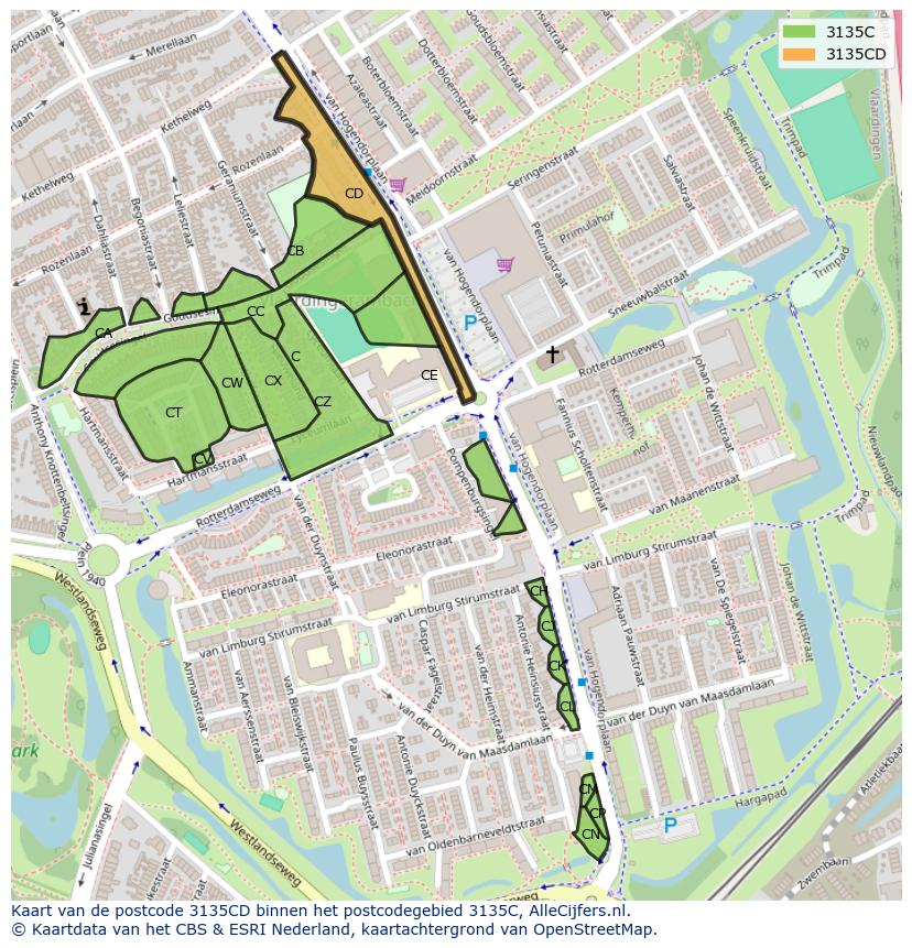 Afbeelding van het postcodegebied 3135 CD op de kaart.