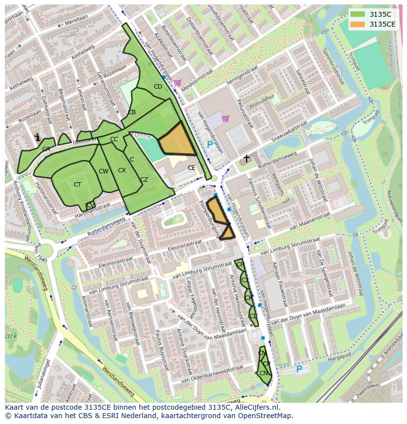 Afbeelding van het postcodegebied 3135 CE op de kaart.