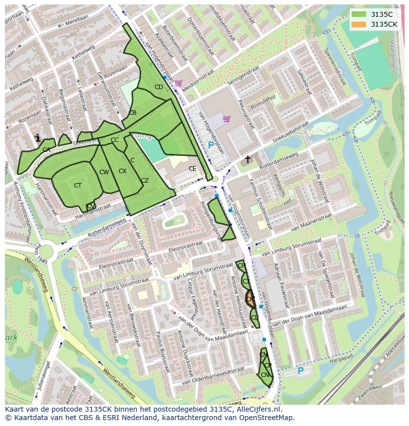 Afbeelding van het postcodegebied 3135 CK op de kaart.