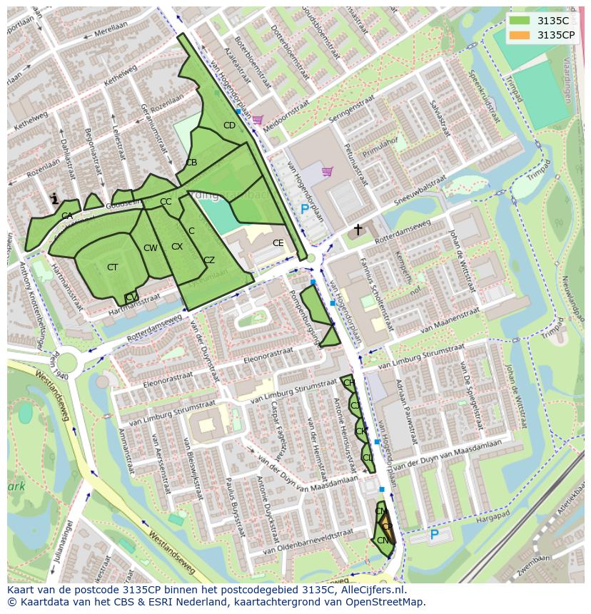 Afbeelding van het postcodegebied 3135 CP op de kaart.