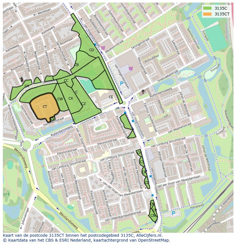 Afbeelding van het postcodegebied 3135 CT op de kaart.