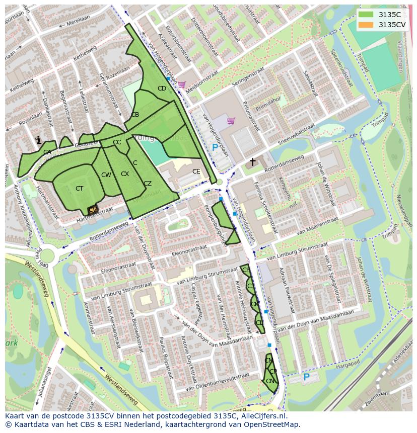 Afbeelding van het postcodegebied 3135 CV op de kaart.
