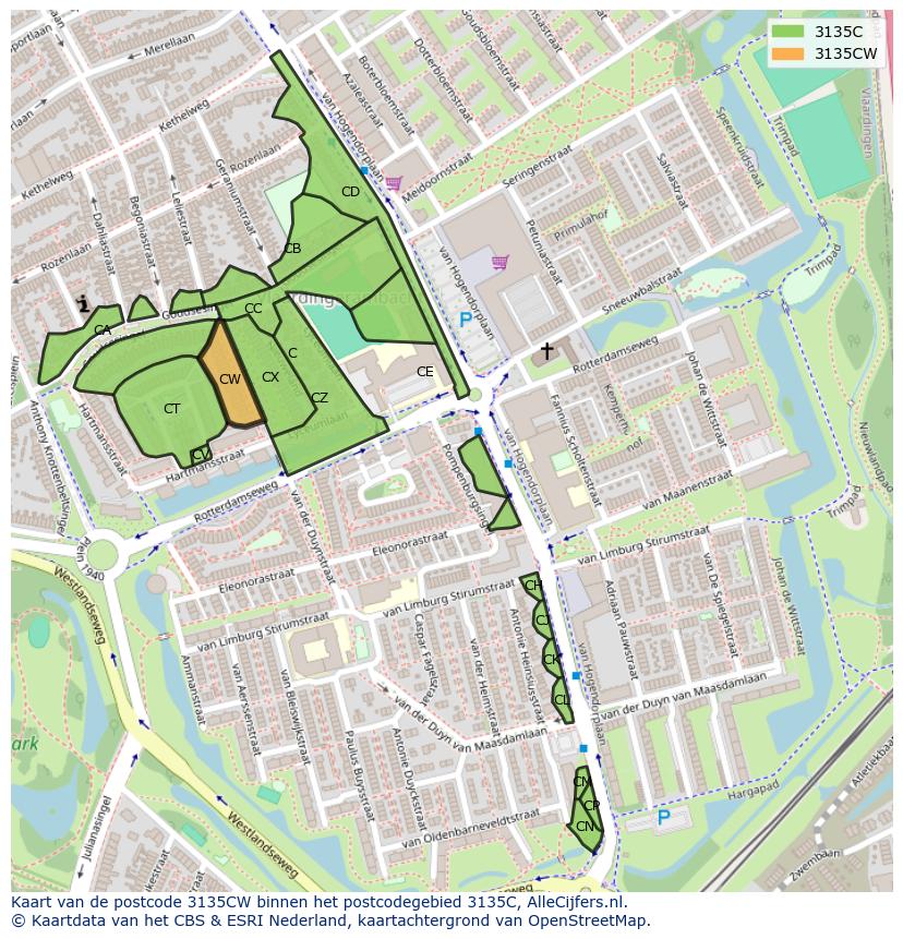 Afbeelding van het postcodegebied 3135 CW op de kaart.