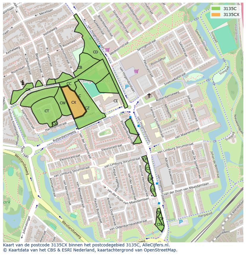 Afbeelding van het postcodegebied 3135 CX op de kaart.