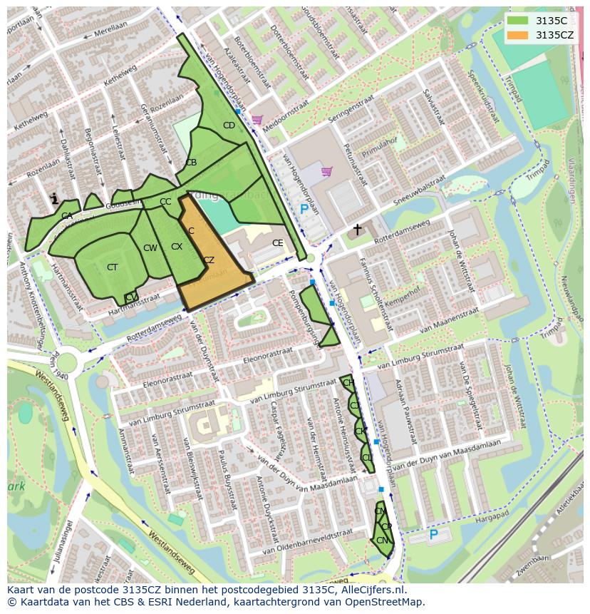 Afbeelding van het postcodegebied 3135 CZ op de kaart.
