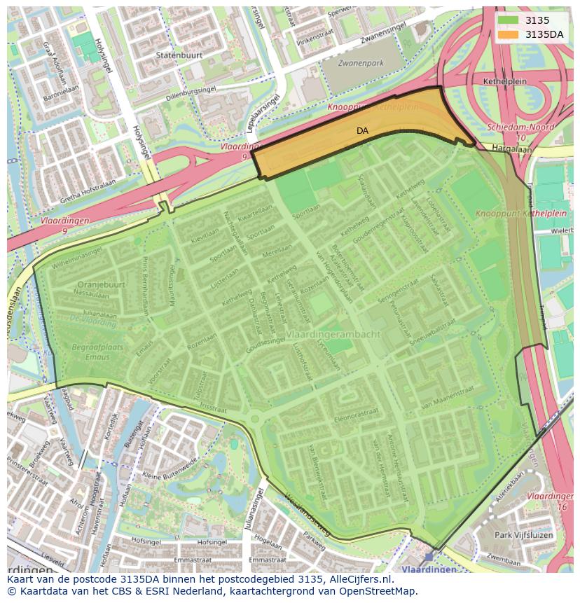 Afbeelding van het postcodegebied 3135 DA op de kaart.