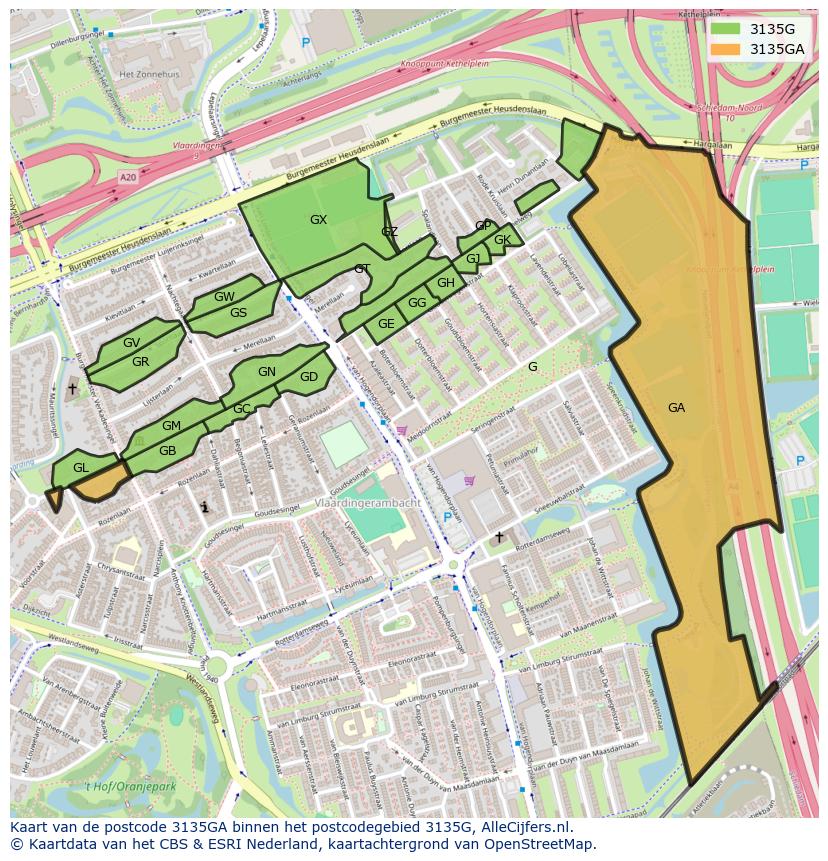 Afbeelding van het postcodegebied 3135 GA op de kaart.