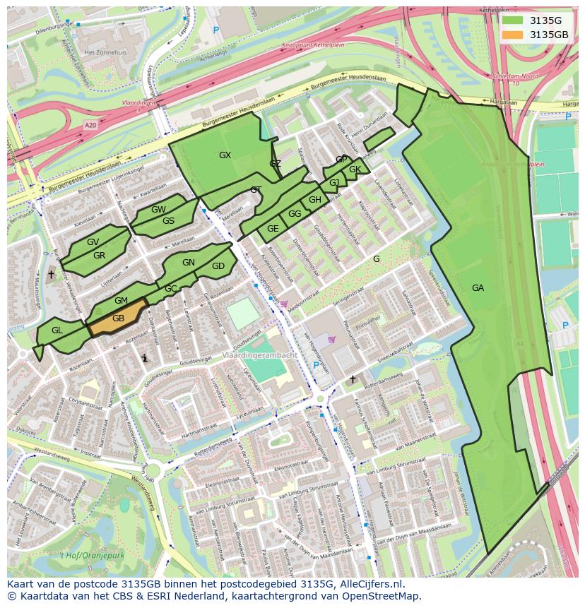 Afbeelding van het postcodegebied 3135 GB op de kaart.