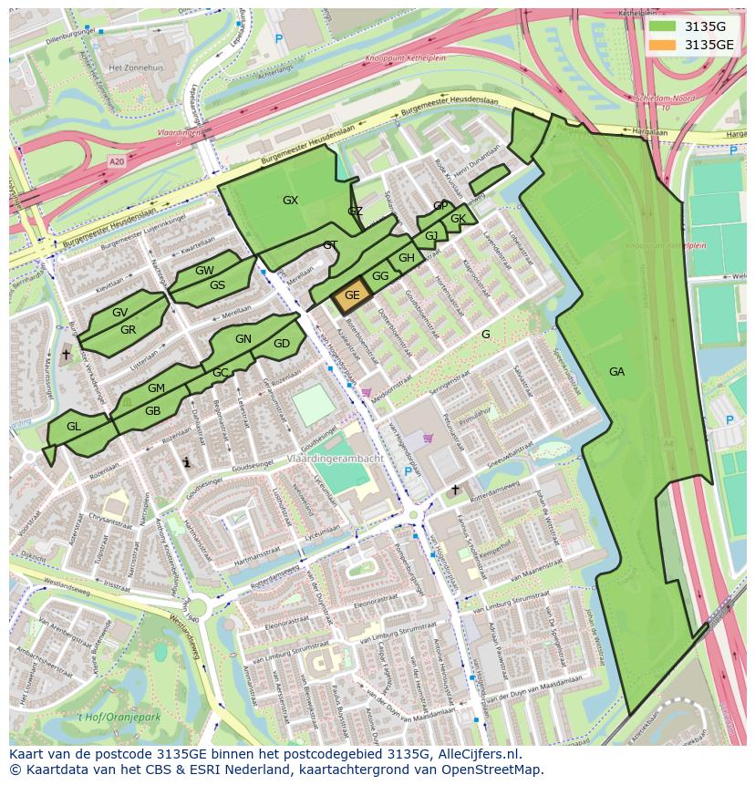 Afbeelding van het postcodegebied 3135 GE op de kaart.