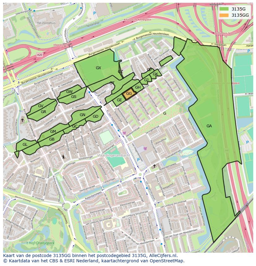 Afbeelding van het postcodegebied 3135 GG op de kaart.