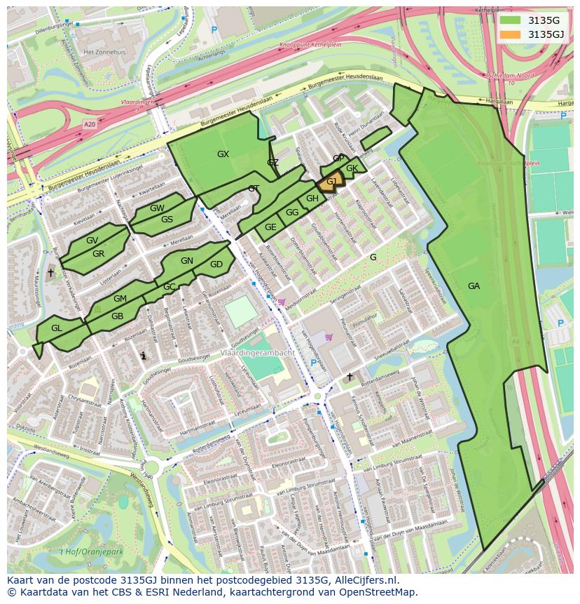 Afbeelding van het postcodegebied 3135 GJ op de kaart.