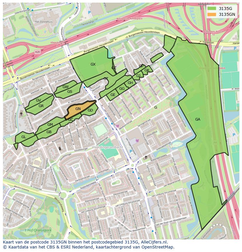 Afbeelding van het postcodegebied 3135 GN op de kaart.
