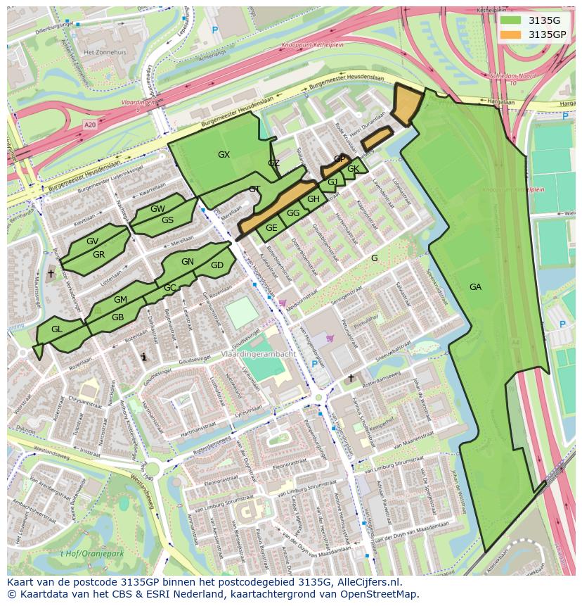 Afbeelding van het postcodegebied 3135 GP op de kaart.