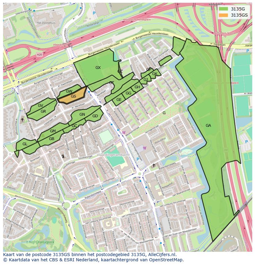 Afbeelding van het postcodegebied 3135 GS op de kaart.