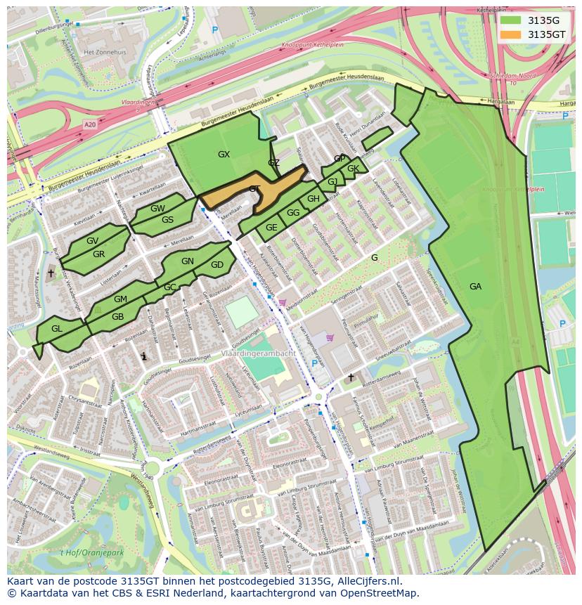 Afbeelding van het postcodegebied 3135 GT op de kaart.