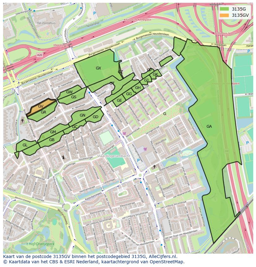 Afbeelding van het postcodegebied 3135 GV op de kaart.