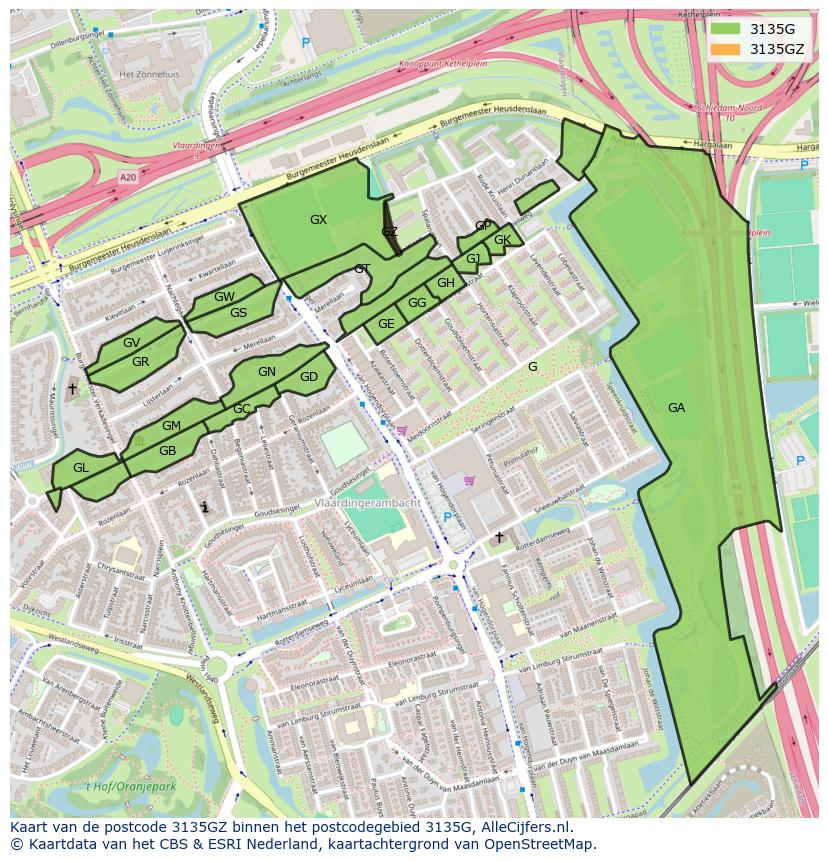 Afbeelding van het postcodegebied 3135 GZ op de kaart.