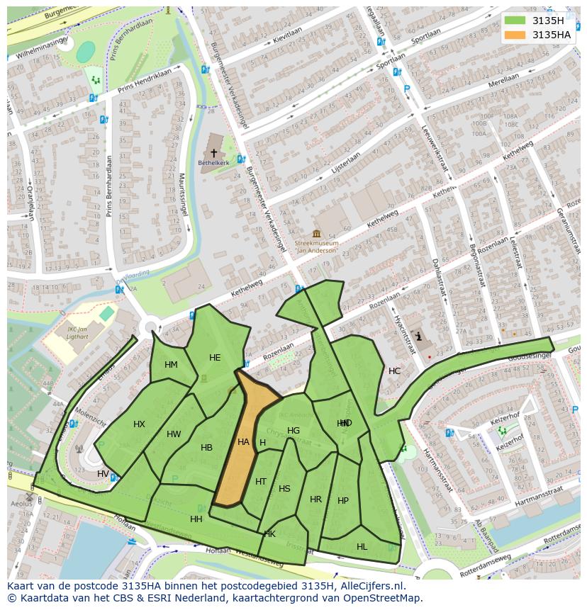 Afbeelding van het postcodegebied 3135 HA op de kaart.