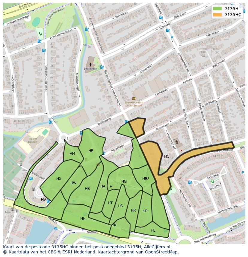 Afbeelding van het postcodegebied 3135 HC op de kaart.